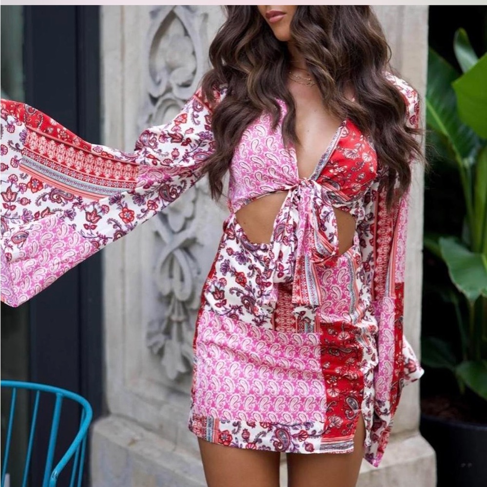 Bohemian Pink and Red Dress with Bell Sleeves